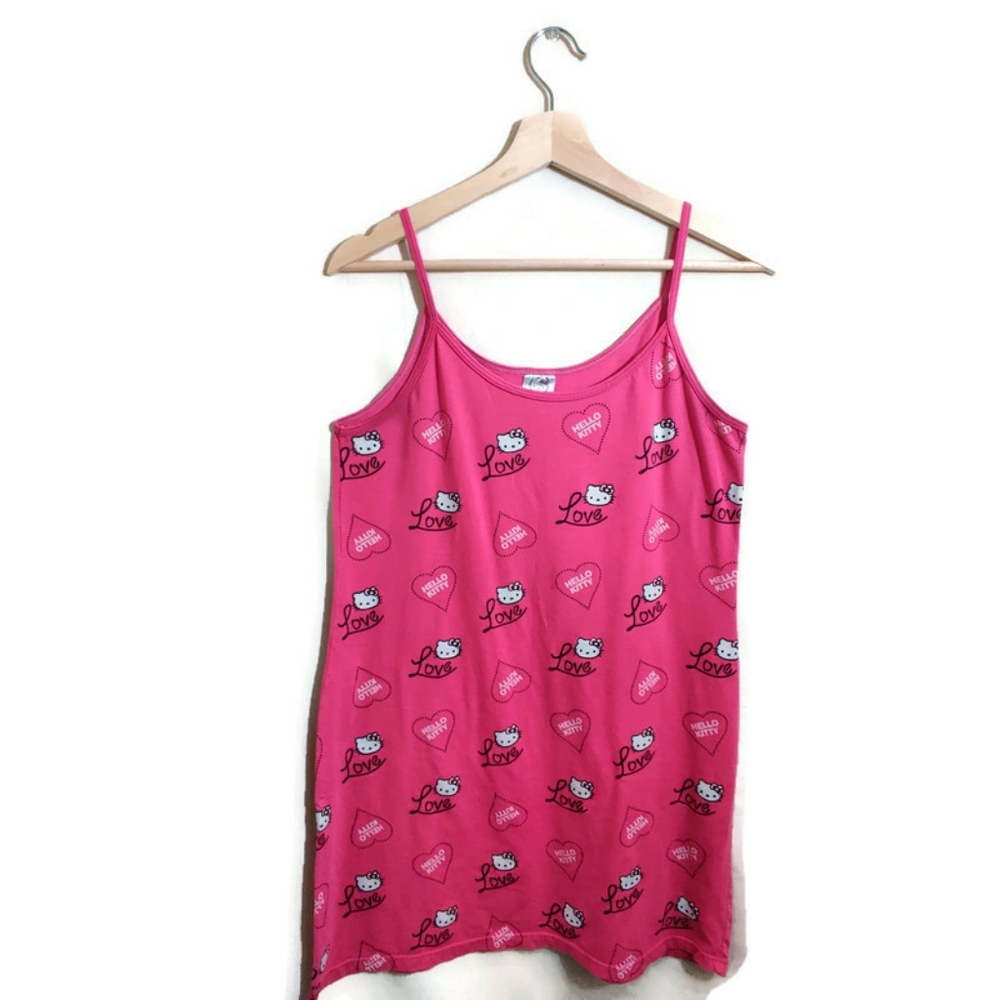 HELLO KITTY Women Pink Spaghetti Strap Polka Dot Hello Kitty Logo Night Dress L